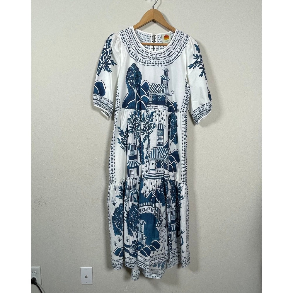 Farm Rio Resort Boho Chinoiserie Midi Dress Women Size M Puff Sleeve Tiered - Picture 2 of 10